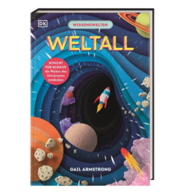 Buchcover von Weltall mit einer Rakete, Planeten, Asteroiden und bunten, weltraumtypischen Hintergründen.