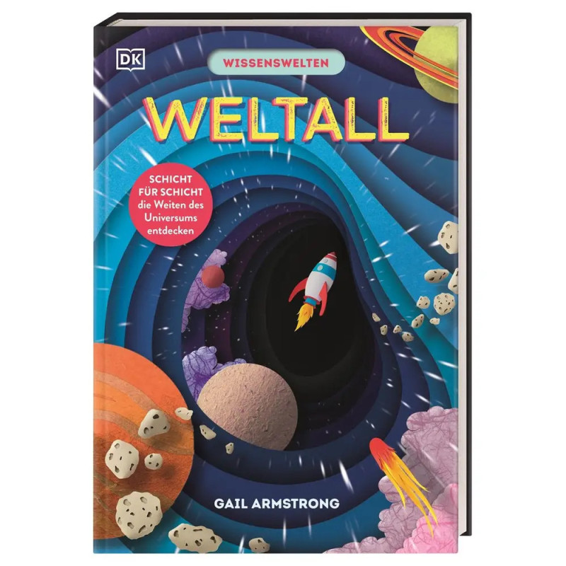 Buchcover von Weltall mit einer Rakete, Planeten, Asteroiden und bunten, weltraumtypischen Hintergründen.