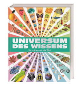 Buntes Buchcover Universum des Wissens mit Tieren und Gegenständen, die sternförmig angeordnet sind.
