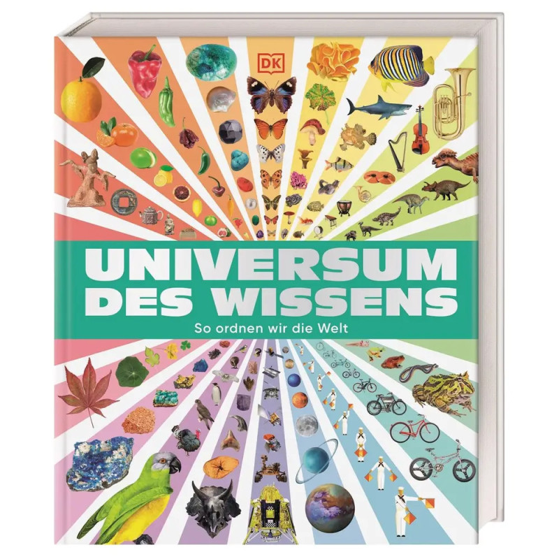 Buntes Buchcover Universum des Wissens mit Tieren und Gegenständen, die sternförmig angeordnet sind. Buntes Buchcover Universum des Wissens mit Tieren und Gegenständen, die sternförmig angeordnet sind.