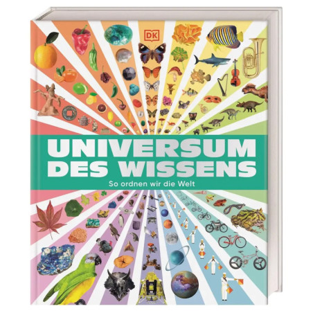 Buntes Buchcover Universum des Wissens mit Tieren und Gegenständen, die sternförmig angeordnet sind.
