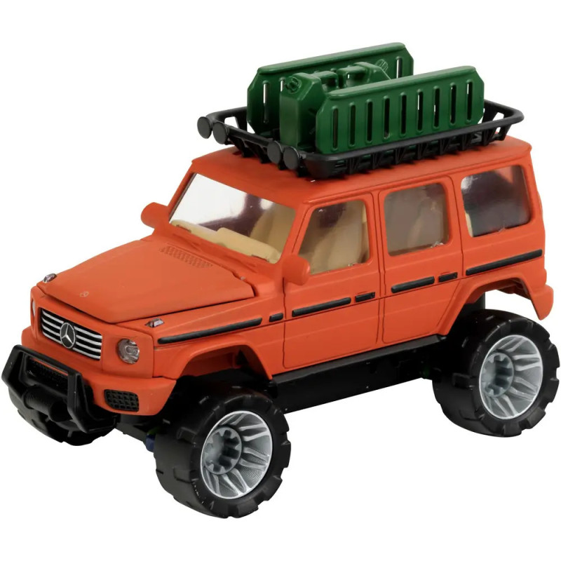 Spielzeug-SUV in Orange mit großen Reifen und grünen Benzinkanistern auf dem Dach, von vorne links gesehen. Spielzeug-SUV in Orange mit großen Reifen und grünen Benzinkanistern auf dem Dach, von vorne links gesehen.
