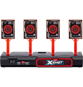 Schwarzes und rotes elektronisches Zielset mit vier nummerierten Zielen und X-Shot-Logo auf der Vorderseite.
