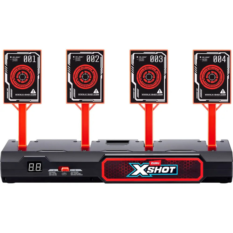 Schwarzes und rotes elektronisches Zielset mit vier nummerierten Zielen und X-Shot-Logo auf der Vorderseite. Schwarzes und rotes elektronisches Zielset mit vier nummerierten Zielen und X-Shot-Logo auf der Vorderseite.