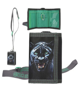 Schwarzes Portemonnaie- und Lanyard-Set mit fauchendem Panther-Motiv und grünen Innenfächern.