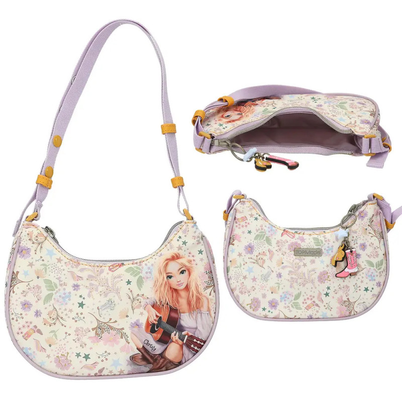 Pastell-Schultertasche mit Cartoon-Mädchen, Blumen und Gitarre, vorne, hinten und oben mit Charm-Detail gezeigt. Pastell-Schultertasche mit Cartoon-Mädchen, Blumen und Gitarre, vorne, hinten und oben mit Charm-Detail gezeigt.