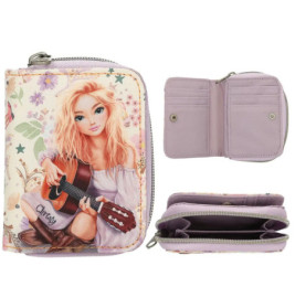 Kleine Geldbörse mit Illustration eines blonden Mädchens mit Gitarre, geschlossen und offen mit Fächern gezeigt.