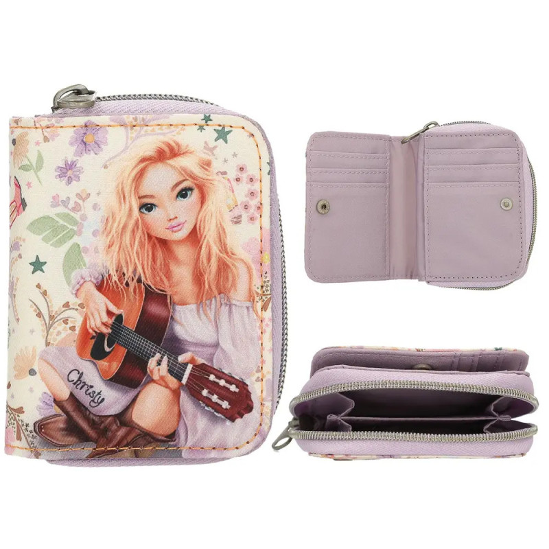 Kleine Geldbörse mit Illustration eines blonden Mädchens mit Gitarre, geschlossen und offen mit Fächern gezeigt.
