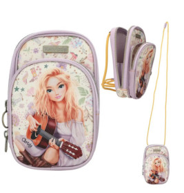 Pastellfarbene Umhängetasche mit Cartoon-Mädchen beim Gitarrespielen, Blumenmotiven und gelbem Riemen.