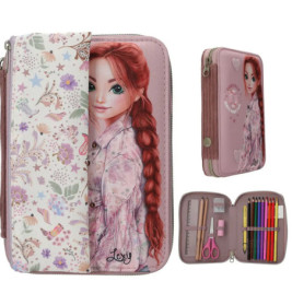 Rosa Federmäppchen mit Cartoon-Mädchen, Blumenklappe und ordentlich sortierten Schreibutensilien.