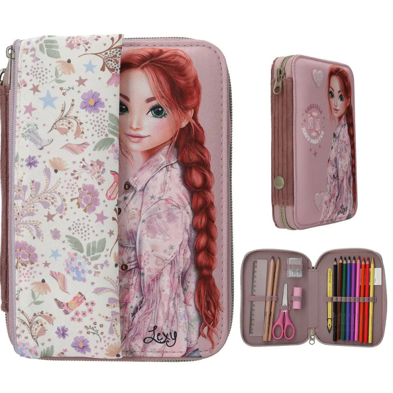 Rosa Federmäppchen mit Cartoon-Mädchen, Blumenklappe und ordentlich sortierten Schreibutensilien. Rosa Federmäppchen mit Cartoon-Mädchen, Blumenklappe und ordentlich sortierten Schreibutensilien.