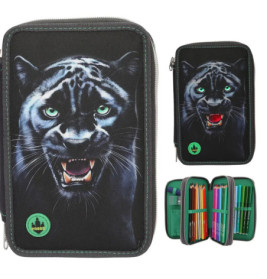 Schwarzes Etui mit fauchendem Panther, geschlossen und offen gezeigt, gefüllt mit Buntstiften und Stiften.
