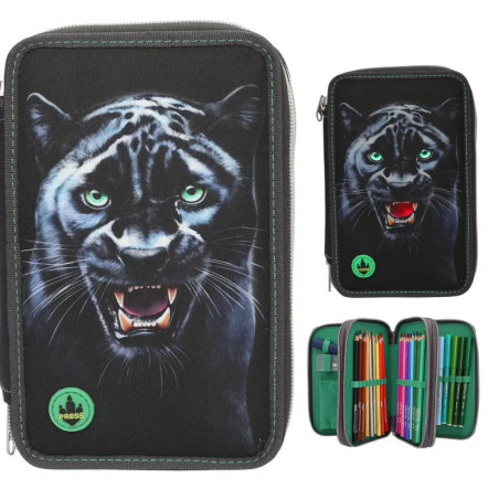 Schwarzes Etui mit fauchendem Panther, geschlossen und offen gezeigt, gefüllt mit Buntstiften und Stiften.