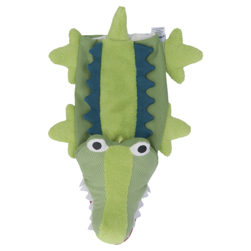 Grünes Krokodil-Handpuppenspielzeug aus Plüsch mit Strukturstoff und Cartoon-Augen, von oben betrachtet.