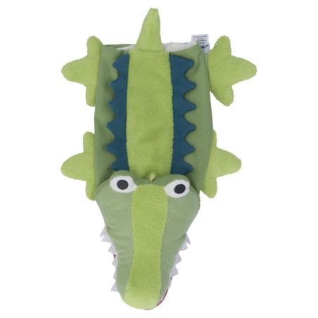 Grünes Krokodil-Handpuppenspielzeug aus Plüsch mit Strukturstoff und Cartoon-Augen, von oben betrachtet.