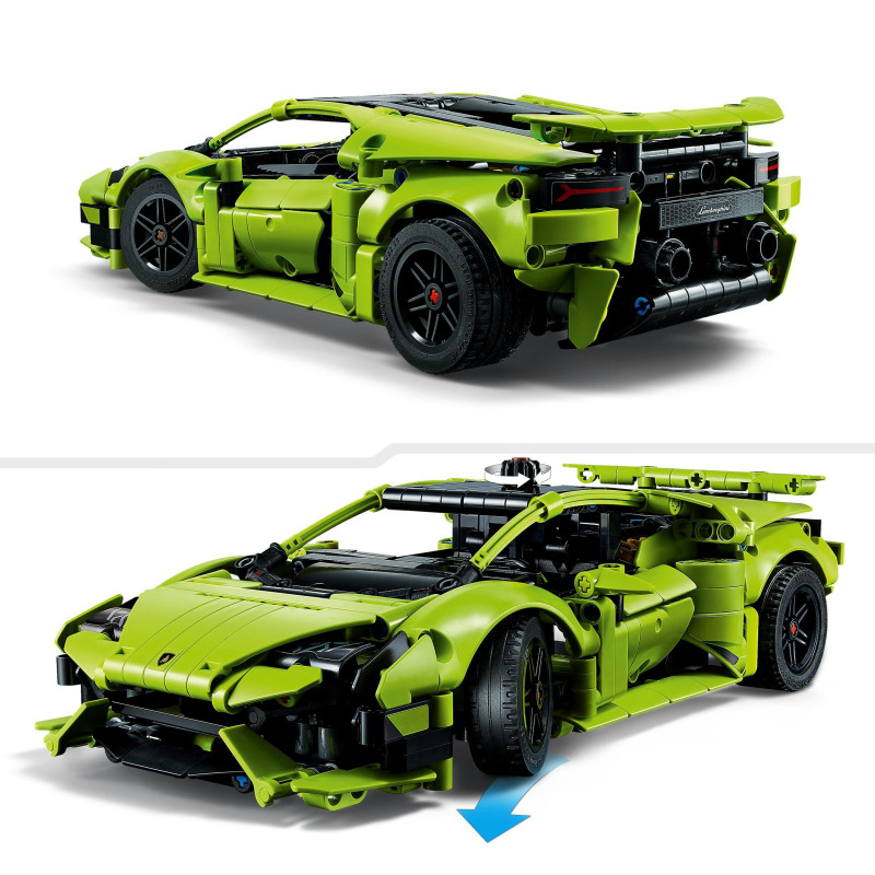 LEGO Technic 42161 Lamborghini Huracán Tecnica, Front- und Rückansicht des Sportwagens vor weißem Hintergrund.