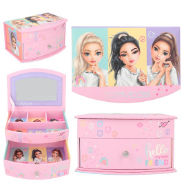 Pinke TOPModel Schmuckbox mit Comic-Mädchen, Peace-Zeichen, Spiegel und hello my best FRIEND-Text.