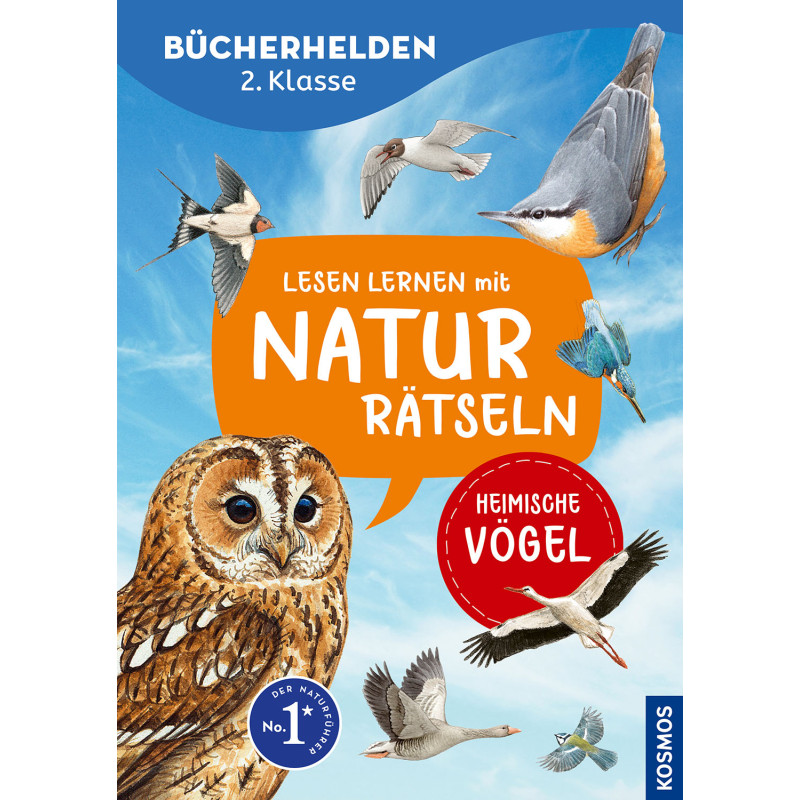 Buchcover mit fliegenden und sitzenden Vögeln sowie deutschem Text zu Natur-Rätseln für Zweitklässler.