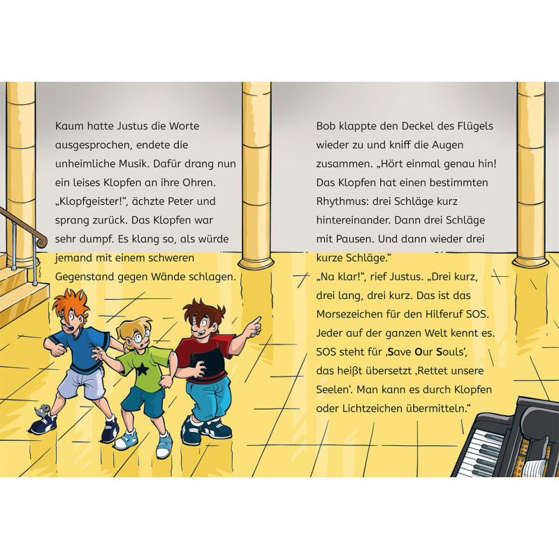 Drei Kinder hören Musik in der Aula in "Die drei ??? Kids - Geister in der Schule" (EAN 9783440176160).