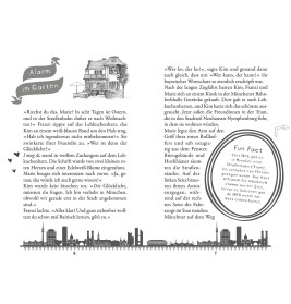 Eine KOSMOS-Detektiv-Geschichtsseite mit Text, Hausskizze, München-Skyline und rundem "Fun Fact"-Bereich.