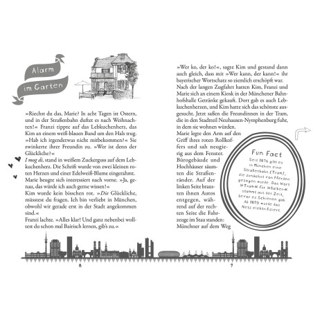 Eine KOSMOS-Detektiv-Geschichtsseite mit Text, Hausskizze, München-Skyline und rundem Fun Fact-Bereich.