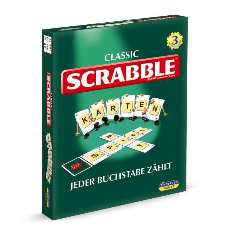 Grüne deutsche Scrabble Classic-Box, darauf Buchstabensteine mit den Wörtern Karten und Spiel.