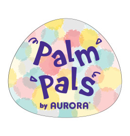 Palm Pals von Aurora Logo auf pastellfarbenem, gepunktetem Hintergrund.