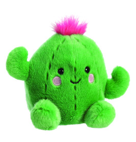 Grünes Plüschkaktus-Spielzeug mit rosa Blüte, lächelndem Gesicht und erhobenen Armen.