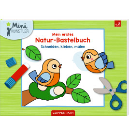 Kinderbuchcover zum Basteln mit Naturmaterialien, zwei gezeichneten Vögeln, Schere, Klebstift und Filzstiften.