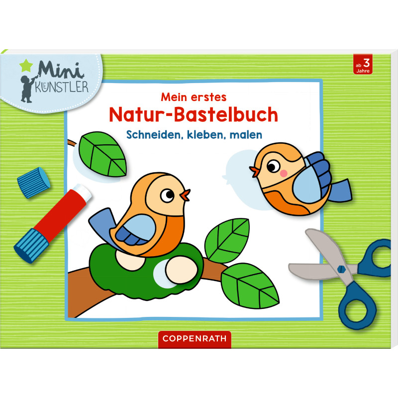 Kinderbuchcover zum Basteln mit Naturmaterialien, zwei gezeichneten Vögeln, Schere, Klebstift und Filzstiften.