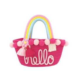 Pinke Handtasche mit "hallo"-Aufschrift, Regenbogengriffen, Pompons und Blumenverzierung.