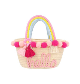 Strohtasche mit Regenbogenhenkeln, pinken Pompons, Quasten und "hallo" aus pinkem Garn.