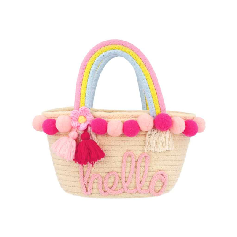 Strohtasche mit Regenbogenhenkeln, pinken Pompons, Quasten und "hallo" aus pinkem Garn.