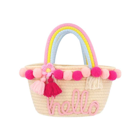 Strohtasche mit Regenbogenhenkeln, pinken Pompons, Quasten und "hallo" aus pinkem Garn.