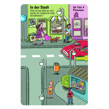 Belebte Stadtstraße mit Fußgängern, einer Bäckerei, einem Kiosk und einem vorbeifahrenden roten Auto.