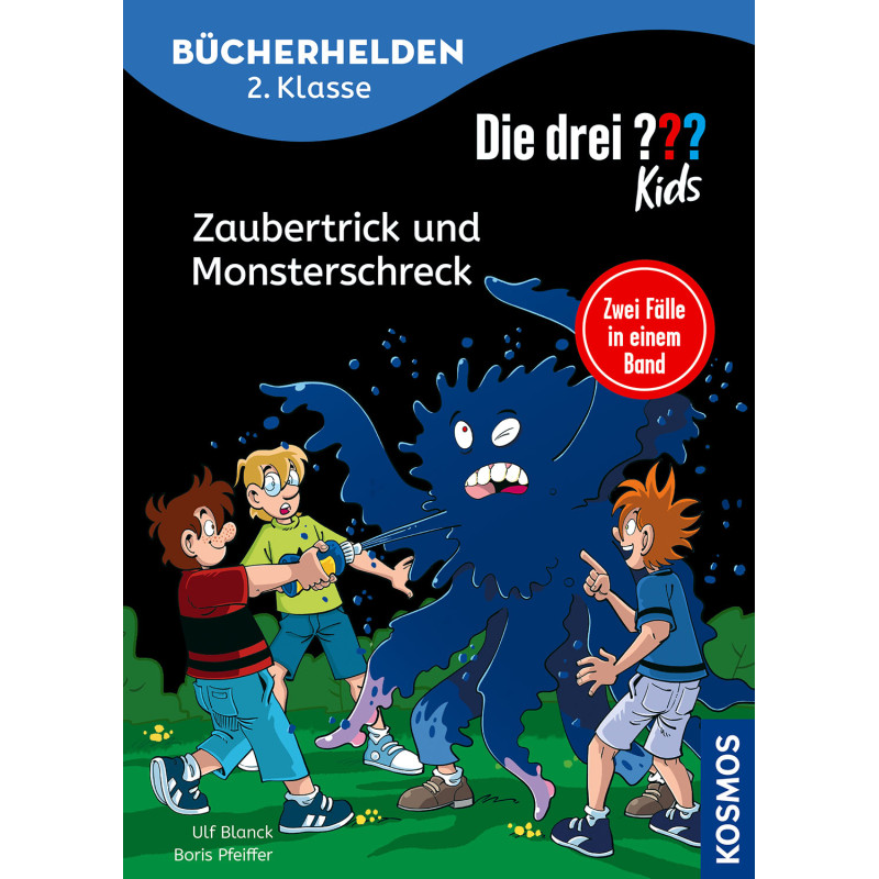 Drei Comic-Kinder stehen einem blauen, vielarmigen Monster auf dem Buchcover von Die drei ? Kids gegenüber.