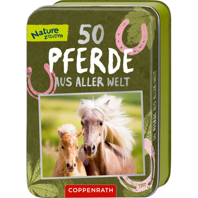 Metalldose 50 Pferde aus aller Welt, auf dem Deckel zwei galoppierende Ponys in einer grünen Wiese.