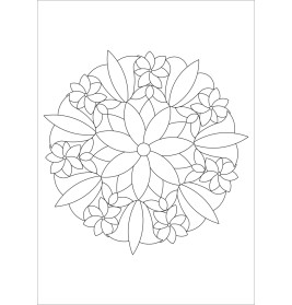 Schwarz-weißes Mandala mit symmetrisch angeordneten Blütenblättern und Blättern im Kreis.