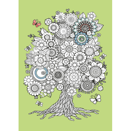 Ein Baum mit floralen Mustern auf grünem Hintergrund, umgeben von Schmetterlingen an den Zweigen.