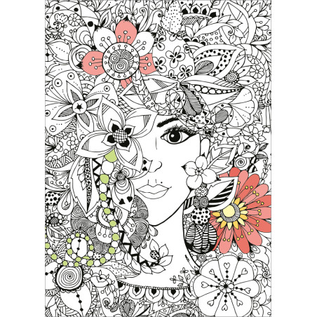 Strichart: Gesicht einer Frau, umgeben von floralen und abstrakten Mustern, einige Blumen sind farbig hervorgehoben.