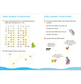 Geöffnete Matheheft-Seiten mit Zahlenrastern, Tierabbildungen und deutschen Anweisungen zu Zahlenübungen.