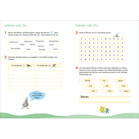 Arbeitsbuchseite Deutsch: Übungen zum Buchstaben V, Wortliste und Tierillustrationen am unteren Rand.