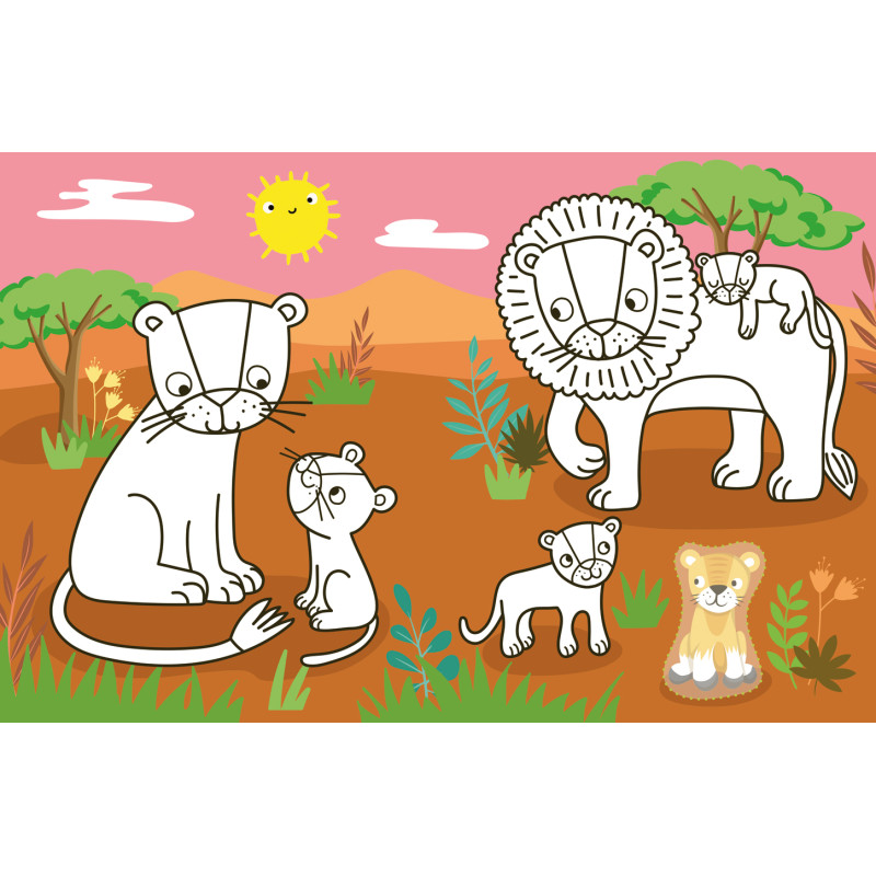 Zeichentrick-Löwenfamilie mit Jungen in der Savanne, unter rosa Himmel mit Sonne und grünen Bäumen im Hintergrund.