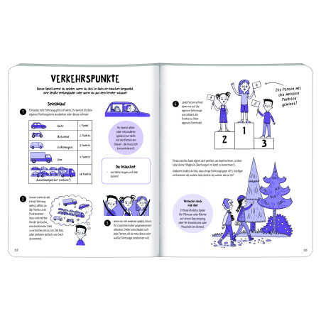 Illustrierte Buchseite erklärt Verkehrspunkte mit Zeichnungen von Autos, Menschen, Bäumen und Podesten.