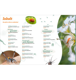 Deutsche, farbenfrohe Inhaltsseite mit Spinnenbildern, Netzen und Nahaufnahme einer weißen Blume mit Insekten.