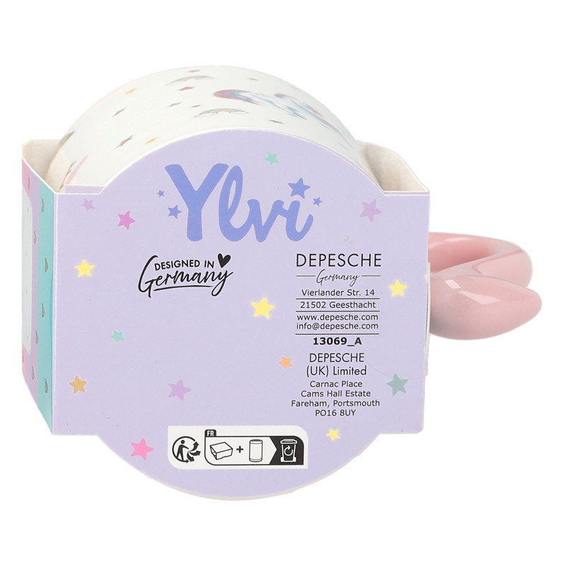 Pastellfarbene Depesche Ylvi Einhorn-Tasse mit Goldakzenten, 300ml, verpackt mit Sternen und "Designed in Germany".