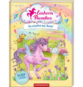 Ein lila Einhorn namens Rosie steht in einer magischen Wiese aus Einhorn-Paradies: Du schaffst das, Rosie! ab 6 Jahren.