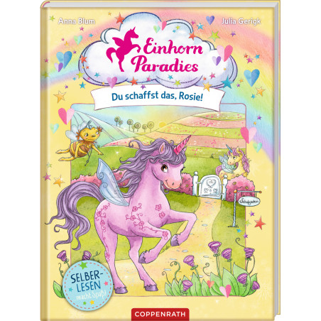 Ein lila Einhorn namens Rosie steht in einer magischen Wiese aus Einhorn-Paradies: Du schaffst das, Rosie! ab 6 Jahren.