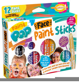 Verpackung mit 12 Paint Pop Schminkstiften und Bildern geschminkter Kinder auf der Verpackung.