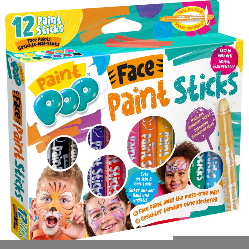 Verpackung mit 12 Paint Pop Schminkstiften und Bildern geschminkter Kinder auf der Verpackung. Verpackung mit 12 Paint Pop Schminkstiften und Bildern geschminkter Kinder auf der Verpackung.